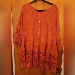 Denim 24/7 Orange Tunic W/Floral Lace 22w